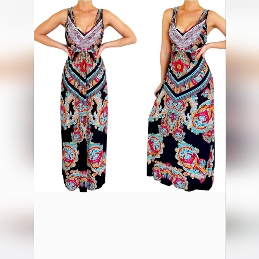 Style & Co. colorful black boho henna paisley print beaded maxi dress Size LARGE